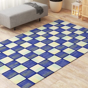 Retro Checkered Rugs Royal Blue Living Room Bedroom Rug. Retro 70&#39;s Classic & Rustic Rug Printed from Hand-Painted Artwork