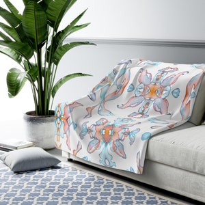 Symmetrical Abstract Blanket Light Blue Orange Sherpa Fleece Throw Blanket Decor. Housewarming Gift