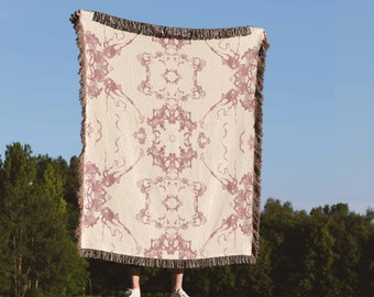 Pink Woven Blanket Girly Blanket Gift Symmetrical Abstract Mirrored Watercolor Throw Blanket 100% Cotton Fringed Tapestry in Vintage Style