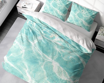 Turquoise Coastal Duvet Cover Set Water Texture Aqua Ocean Bedding, Beach House Duvet Cover King Queen Full Double Twin. 100% Cotton Sateen