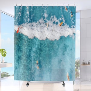 Surfing Beach Shower Curtain Hawaii Beach House Bathroom Decor Aqua Blue Coastal Bath Curtain Housewarming Gift for Surfers