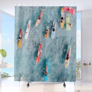 Surfing Beach Shower Curtain Hawaii Beach House Bathroom Decor Aqua Blue Coastal Bath Curtain Housewarming Gift for Surfers