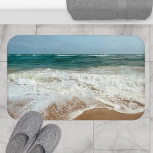 Coastal Beach Bath Mat Housewarming Gift for Surfers Ocean Landscape Seascape Non-Slip Memory foam Bath Mat Ocean Waves Bathroom Decor