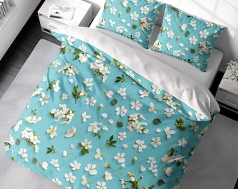 Turquoise Duvet Cover Spring Floral White Cherry Blossoms Bedding Flowers Duvet Cover King Queen Full Double Twin 100% Cotton Sateen
