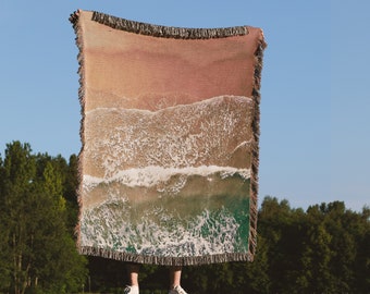 Woven Blanket Beach 100% Cotton Fringe Blanket Ocean Coastal Throw Blanket Tapestry in Vintage Style. Housewarming Gift for Mom