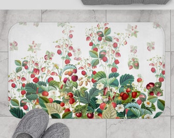 Botanical Bath Mat Strawberry Field Green & Red Non-Slip Memory foam Bath Mat Wild Strawberry Girl's Bathroom Decor. Housewarming Gift