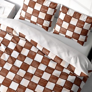 Fall Autumn Cottagecore Checkered Duvet Cover King Queen Double Twin Maple Color Retro Farmhouse Rustic Luxury Bedding 100% Cotton Sateen