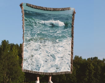 Manta tejida de playa, manta costera, decoración náutica para casa de playa, tapiz con flecos, estilo vintage, retro, azul aguamarina, regalo de inauguración de casa para mamá.