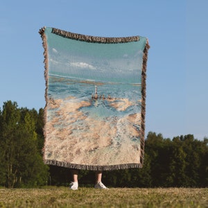 Woven Blanket Beach Coastal 100% Cotton Fringe Blanket Ocean Landscape Throw Blanket Tapestry in Vintage Style. Housewarming Gift for Mom