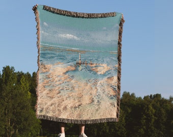 Woven Blanket Beach Coastal 100% Cotton Fringe Blanket Ocean Landscape Throw Blanket Tapestry in Vintage Style. Housewarming Gift for Mom