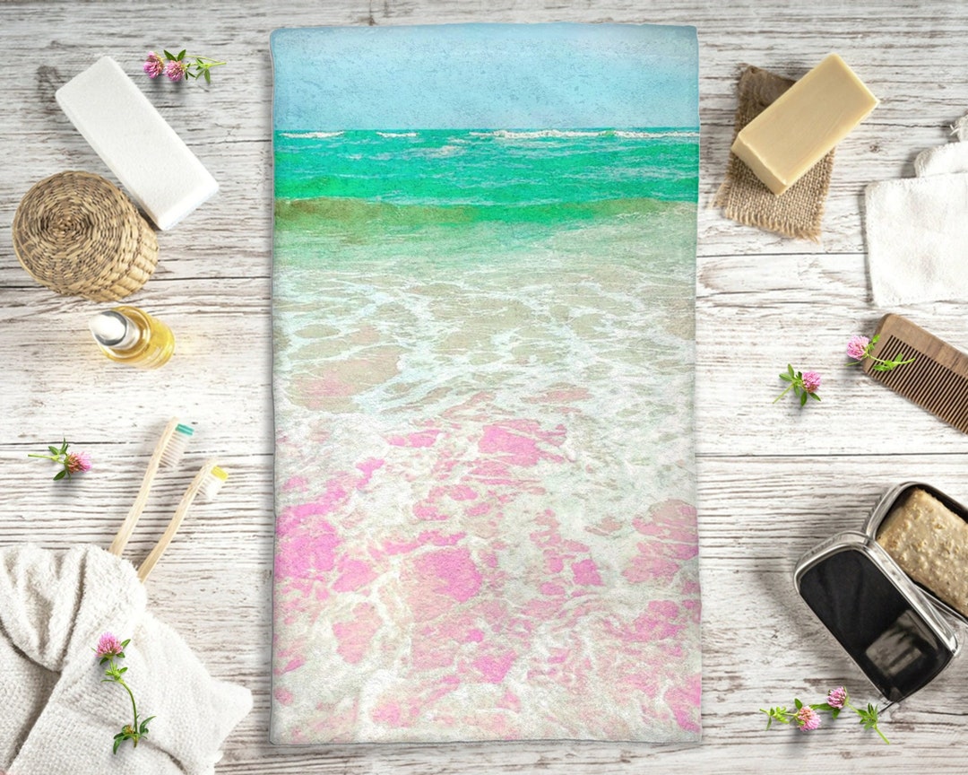 Beach Hand Towel Ocean Pastel Pink & Blue Summer Coastal Bathroom Towel ...