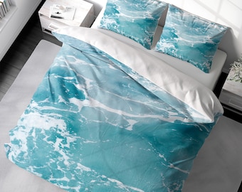 Coastal Duvet Cover Set Water Texture Aqua Ocean Bedding, Beach House Luxury Duvet Cover King Queen Full Double Twin. 100% Cotton Sateen