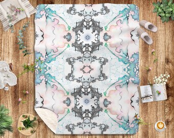 Pastel Pink Blue Blanket Symmetrical Abstract Mirrored Watercolor Sherpa Fleece Throw Blanket Girlish Pastel Decor. Housewarming Gift