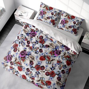 Retro Boho Floral Duvet Cover King Queen Full Double Twin Vintage Style Red Purple Blue Flowers Luxury Bedding Set 100% Cotton Sateen