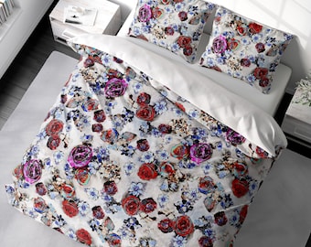 Funda nórdica con diseño floral estilo bohemio retro, tamaño king, queen, matrimonial, doble, twin, estilo vintage, juego de cama de lujo con flores rojas, moradas y azules, 100 % satén de algodón