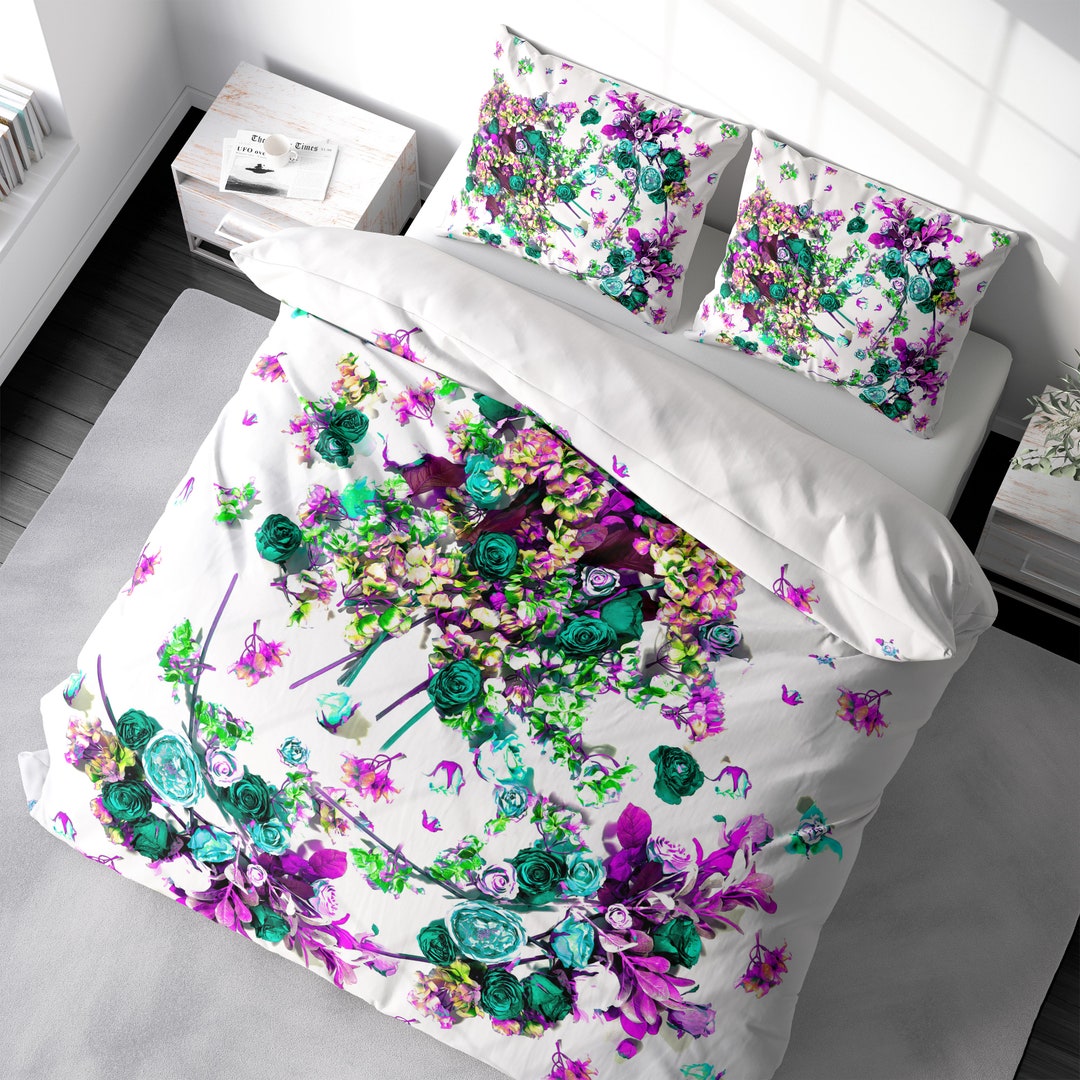 Green Floral Duvet Cover Set Bold Flowers Bedding Luxury Duvet Cover