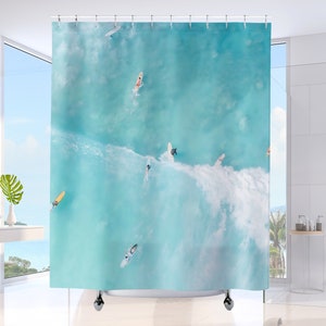 Surfing Beach Shower Curtain Hawaii Beach House Bathroom Decor Aqua Blue Coastal Bath Curtain Housewarming Gift for Surfers