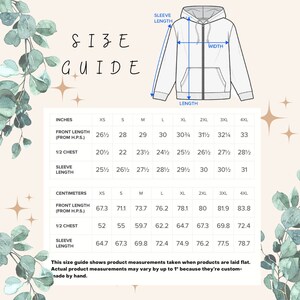 Puede incluir: Gu&iacute;a de tallas para una sudadera con capucha con medidas en pulgadas y cent&iacute;metros. La tabla muestra la longitud del frente, la mitad del pecho y la longitud de la manga para las tallas XS a 4XL.