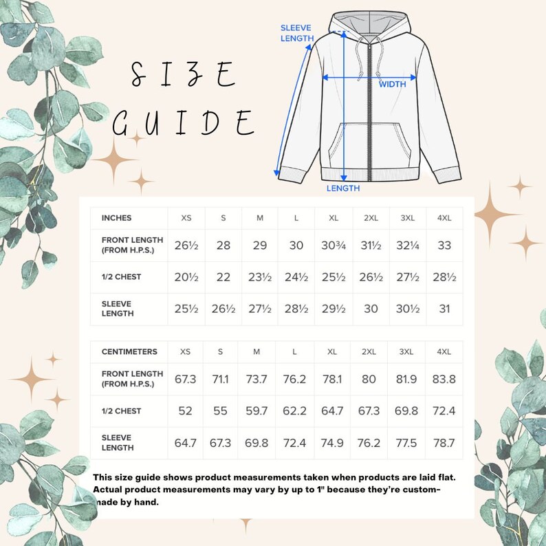 Puede incluir: Gu&iacute;a de tallas para una sudadera con capucha con medidas en pulgadas y cent&iacute;metros. La tabla muestra la longitud del frente, la mitad del pecho y la longitud de la manga para las tallas XS a 4XL.