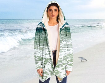 Women's Jacket Open-Front Outwear Green Oceanic Beach Hooded Outwear | Cardigan | Cloak with Fleece Lining Gift for Her XS-4XL