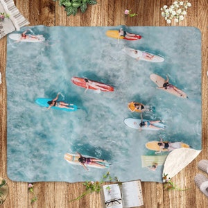 Surfing Beach Blanket Hawaii Beach House Decor Sherpa Fleece Blanket Aqua Blue Coastal Throw Blanket Housewarming Gift for Surfers