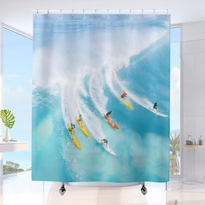 Surfing Beach Shower Curtain Hawaii Beach House Bathroom Decor Aqua Blue Coastal Bath Curtain Housewarming Gift for Surfers