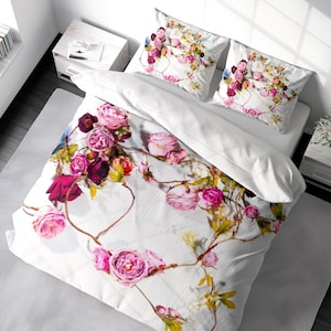 Pink Peonies Floral Duvet Cover Set Bold Flowers Bedding Luxury Duvet Cover King Queen Full Double Twin. 100% Cotton Sateen