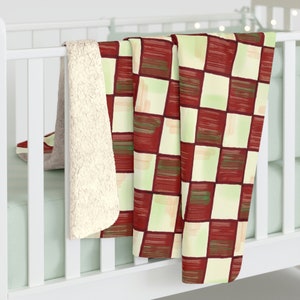 Checkered Blanket Farmhouse Retro Sherpa Fleece Blanket Burgundy Red Classic and Retro Home Decor. Cozy and Rustic Housewarming Gift