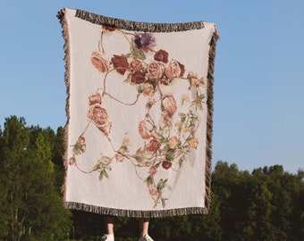 Floral Woven Blanket Farmhouse Boho Fringe Blanket 100% Cotton Wildflower Throw Blanket Tapestry Housewarming Gift for Mom
