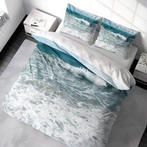 Coastal Beach Duvet Cover Set, Ocean Landscape Seascape Bedding, Ocean Waves Duvet Cover King Queen Full Double Twin. 100% Cotton Sateen