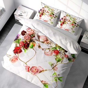 Boho Floral Duvet Cover Set Bold Flowers Bedding Luxury Duvet Cover King Queen Full Double Twin. 100% Cotton Sateen