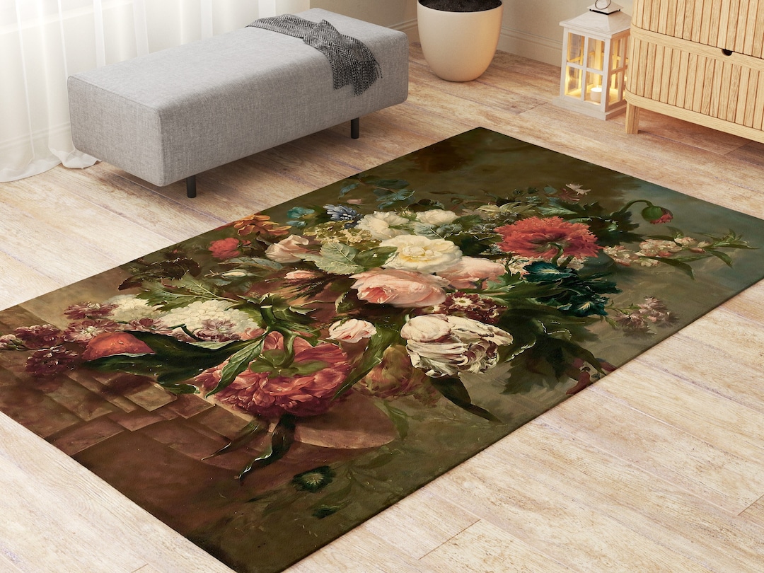 Painterly Dark Flowers Rug Cottagecore Farmhouse Rustic Vintage Fine Art Living Room Bedroom ...