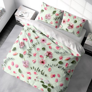 Duvet Cover Pink Petals Floral Duvet Cover Set Fresh Eucalyptus Bedding, Duvet Cover King Queen Full Double Twin. 100% Cotton Sateen