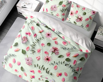 Duvet Cover Pink Petals Floral Duvet Cover Set Fresh Eucalyptus Bedding, Duvet Cover King Queen Full Double Twin. 100% Cotton Sateen