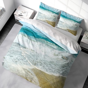 Coastal Beach Duvet Cover Set Ocean Landscape Seascape Bedding, Ocean Waves Duvet Cover King Queen Full Double Twin. 100% Cotton Sateen