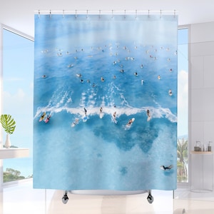 Surfing Beach Shower Curtain Hawaii Beach House Bathroom Decor Aqua Blue Coastal Bath Curtain Housewarming Gift for Surfers