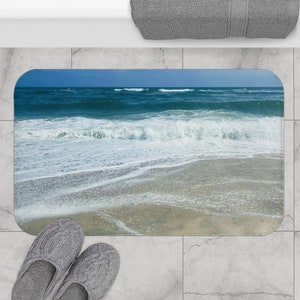 Coastal Beach Bath Mat Housewarming Gift for Surfers Ocean Landscape Seascape Non-Slip Memory foam Bath Mat Ocean Waves Bathroom Decor