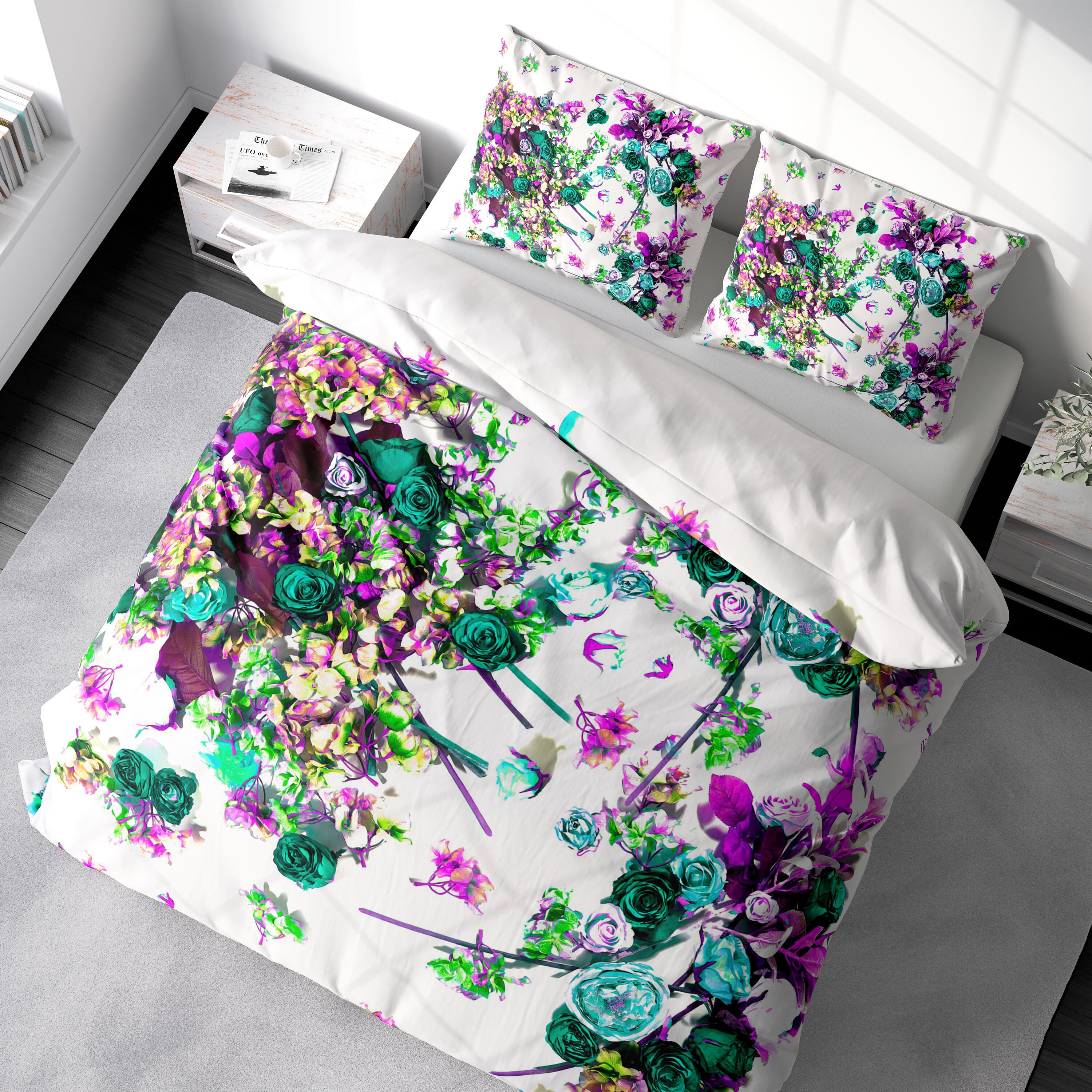 100 Cotton Sateen Floral Duvet Cover Pillow Shams Set Etsy