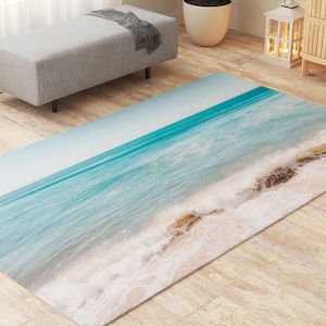 Coastal Beach Rugs for Living Room Housewarming Gift for Surfer Ocean Landscape Seascape Rugs for Bedroom. Ocean Waves Rug