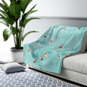 Surfing Beach Blanket Hawaii Beach House Decor Sherpa Fleece Blanket Aqua Blue Coastal Throw Blanket Housewarming Gift for Surfers