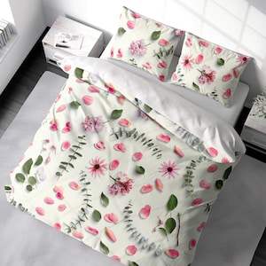 Duvet Cover Pink Petals Floral Duvet Cover Set Fresh Eucalyptus Bedding, Duvet Cover King Queen Full Double Twin. 100% Cotton Sateen