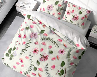 Duvet Cover Pink Petals Floral Duvet Cover Set Fresh Eucalyptus Bedding, Duvet Cover King Queen Full Double Twin. 100% Cotton Sateen