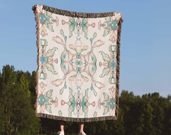 Tropical Woven Blanket Abstract Blanket Gift Symmetrical Green Pink Watercolor Throw Blanket 100% Cotton Fringed Tapestry in Vintage Style