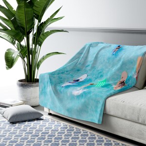 Surfing Beach Blanket Hawaii Beach House Decor Sherpa Fleece Blanket Aqua Blue Coastal Throw Blanket Housewarming Gift for Surfers