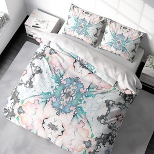 Pastel Pink Blue Elegant French Duvet Cover King Queen Full Double Twin Maximalist Whimsical Abstract Luxury Bedding Set 100% Cotton Sateen