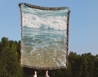 Woven Blanket Beach Coastal 100% Cotton Fringe Blanket Ocean Landscape Throw Blanket Tapestry In Vintage Style. Housewarming Gift For Mom
