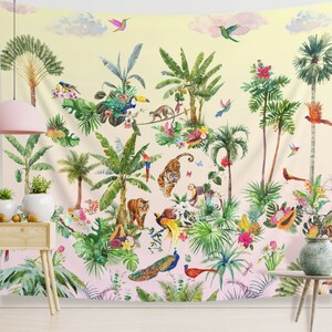 Tropical Jungle Tapestry Palm Tree Forest Indoor Wall Tapestry Tropical Nursery Wall Decor for Housewarming Gift or Photo Backdrop