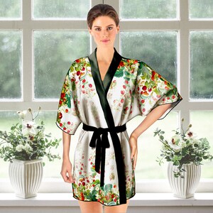 Botanical Kimono Robe 100% Real Silk Wedding Gift for Bride, Green Red Luxurious Bride Robe, Bikini Beach Cover Up Cardigan