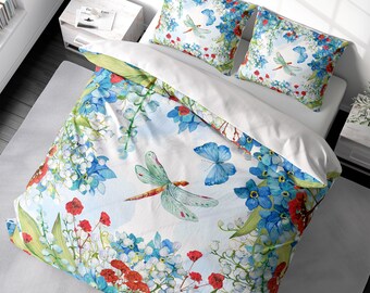 Juego de funda nórdica con diseño botánico de libélula, ropa de cama con flores silvestres, funda nórdica de lujo con diseño floral, tamaño king, queen, matrimonial, twin. Satén de algodón 100 %