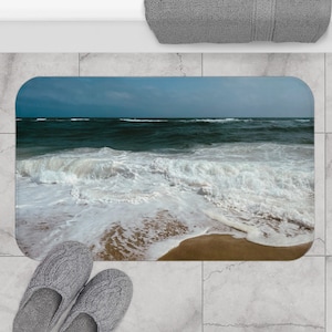 Coastal Beach Bath Mat Housewarming Gift for Surfers Ocean Landscape Seascape Non-Slip Memory foam Bath Mat Ocean Waves Bathroom Decor